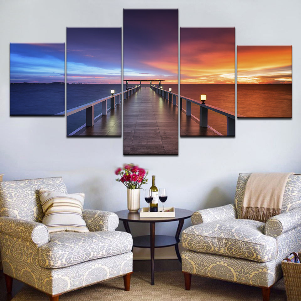 Print Wall Poster Home Decor Beautiful Sunset Bridge Nature Landscape Painting Lake Pictures Fluzz Ink